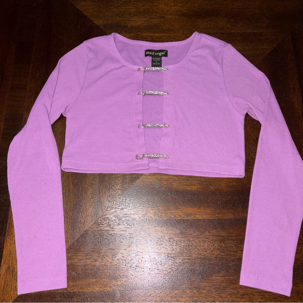 Like An Angel Cropped Long Sleeve Top with Jeweled Saftey Pins